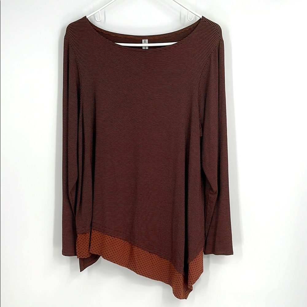 FH Clothing Co. Striped Brown Asymmetrical Hem Long Sleeve Top Size Large